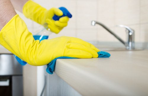 Domestic cleaner tidying a modern Wimbledon apartment
